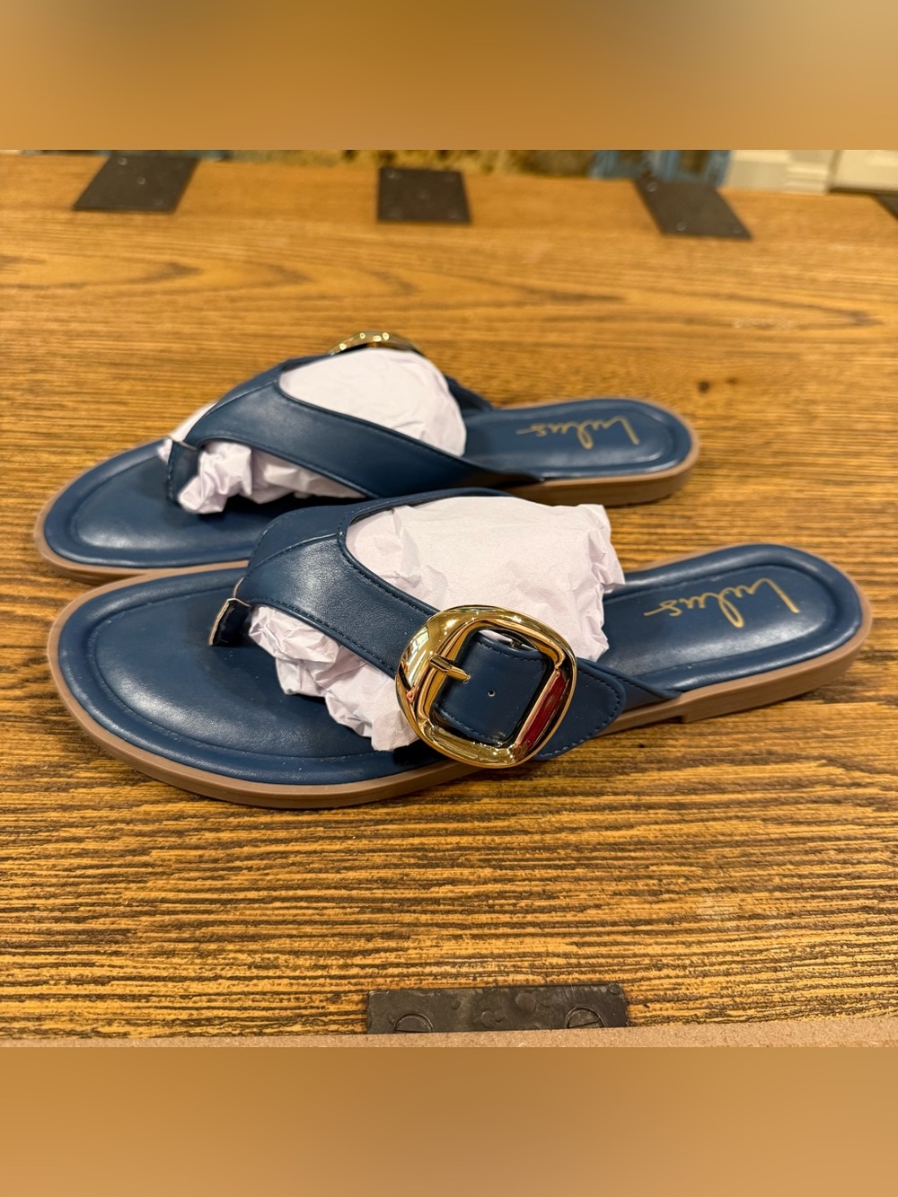 F31 - Lulu's Navy Leather-Look Slide Sandals with Gold Buckle